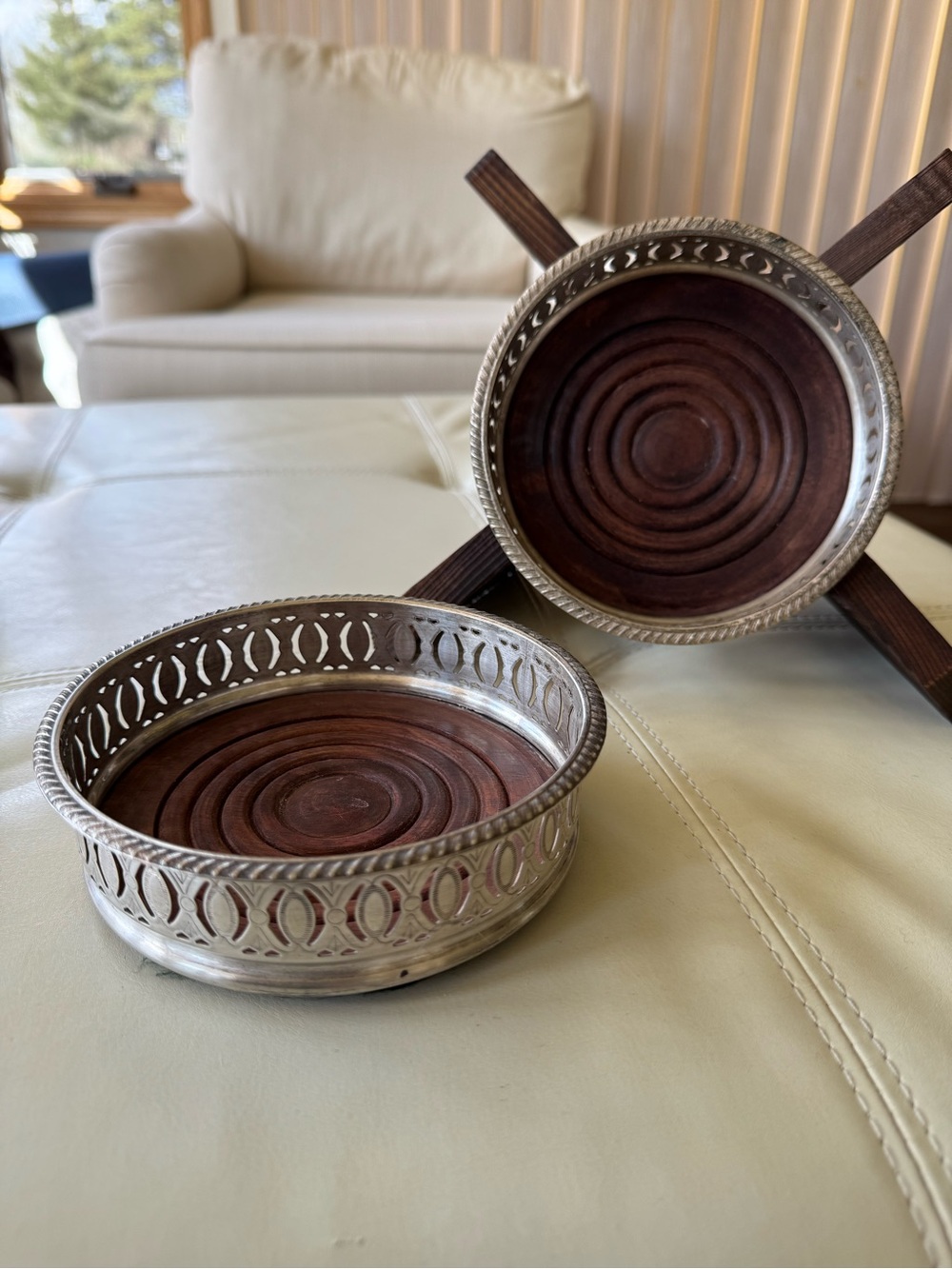 Antique Silver Plate Wine Coasters Wooden Bottom Ornate Pattern Antique Set/2